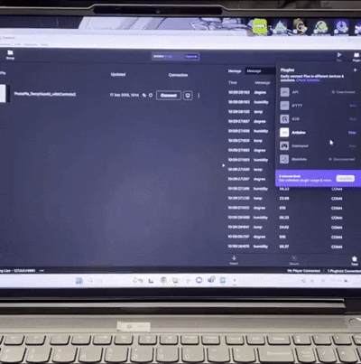 After connecting the ProtoPie prototype to Arduino, data from the Serial Monitor continuously refreshes in ProtoPie Connect, indicating successful integration with the prototype.